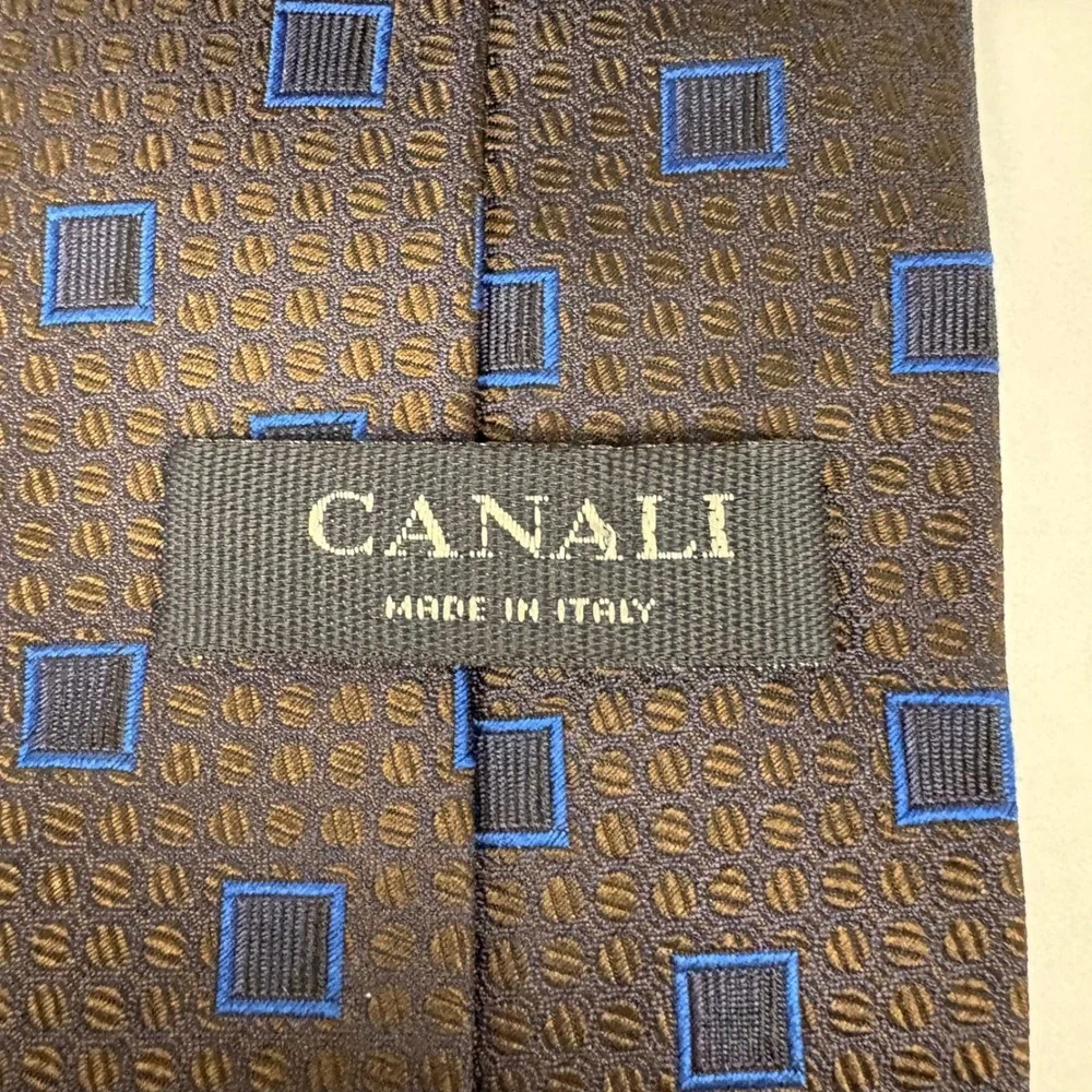Canali Italy Silk Necktie Brown Blue Geometric Square Pattern Mens Tie 3.75